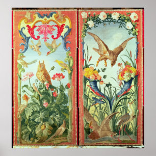 Zwei Teppichtafeln, aus denen sich ein Falten zusa Poster