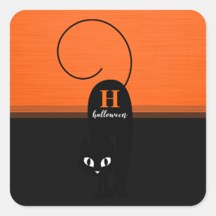 Zwei-Ton-Halloween Orange Schwarze Katze Quadratischer Aufkleber
