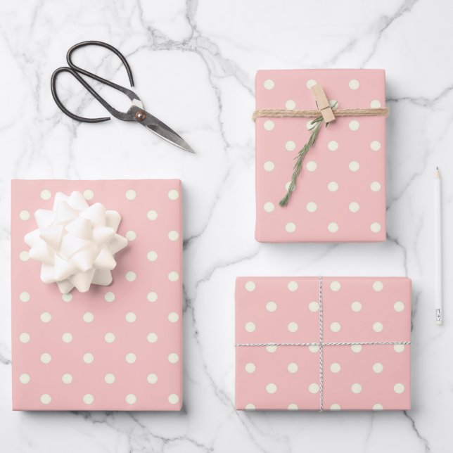 Zwei Tone Elegante Champagner Pink & White Polka D Geschenkpapier Set (Vorderseite)
