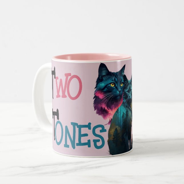 Zwei Töne Liebe: Vibrant Cat Pair Zweifarbige Tasse (Vorderseite Links)