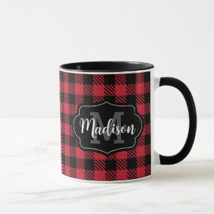 Zwei Tone Red Black Buffalo Kariert Monogram Tasse