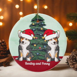 Zwei Tricolor Corgis in der Weihnachtsmannmütze Ni Keramik Ornament