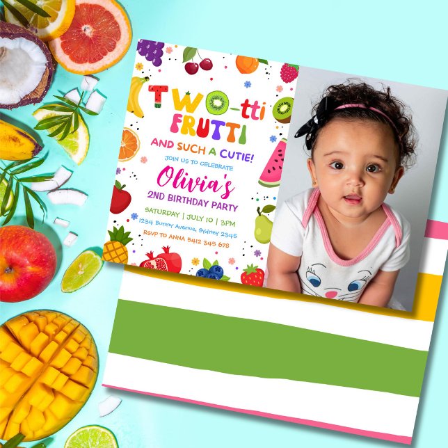 Zwei-tti Frutti Foto-Einladung, 2. Früchte Sommer Einladung (Cute Twotti Frutti 2nd birthday photo invitation with colorful tropical fruit party theme.)
