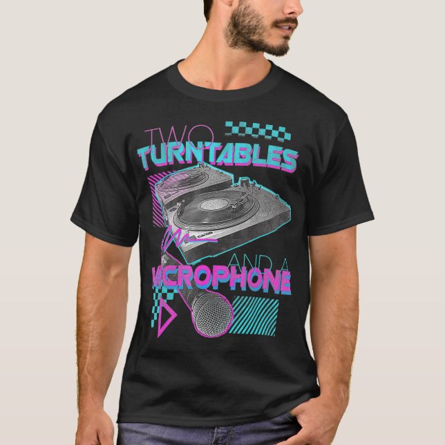 Zwei Turntable und Mikrofon Retro 80er Vinyl DJ T-Shirt (Vorderseite)