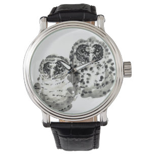 Zwei Uhenküken ahmen Tinte Armbanduhr