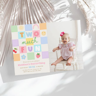 Zwei viel Spaß Bunte Gingham 2. Geburtstagsfoto Einladung