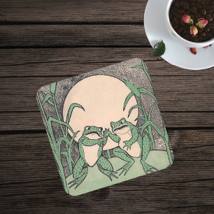 Zwei Vintage Funny Liebe Green Frogs Moon Rechteckiger Pappuntersetzer