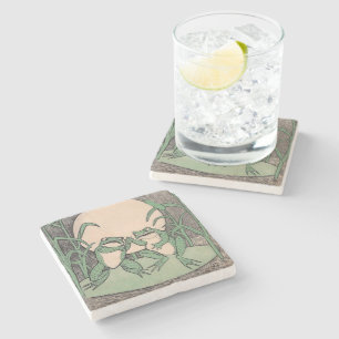 Zwei Vintage Funny Liebe Green Frogs Moon Steinuntersetzer