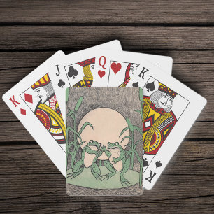 Zwei Vintage lustige Liebe grüne Frösche Mond Spielkarten