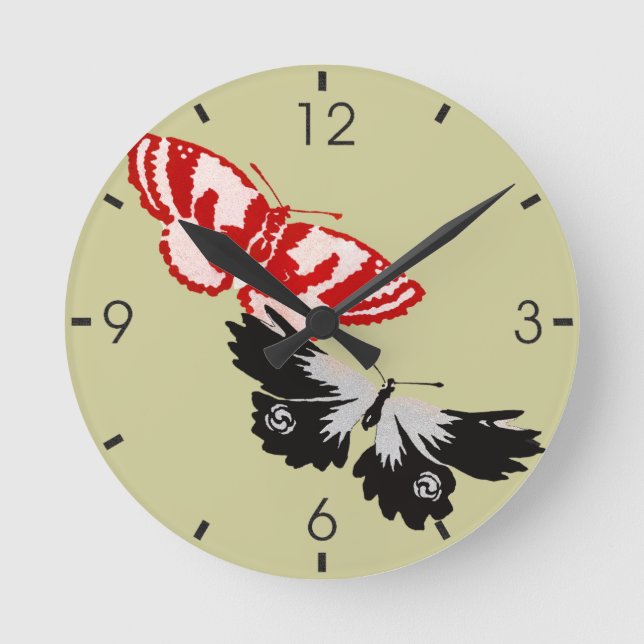 Zwei Vintage Schmetterlinge Runde Wanduhr (Vorderseite)