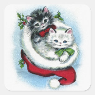 zwei vintage-Weihnachtskatzen Quadratischer Aufkleber