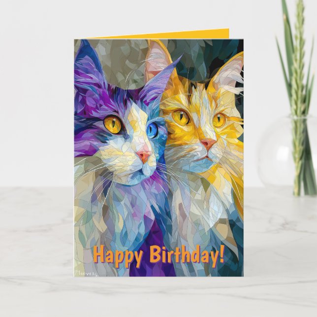 Zwei violette und gelbe Katzen Karte (Vorderseite)