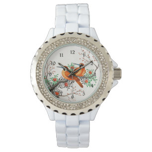 Zwei Vögel auf einem blühenden Zweig Armbanduhr