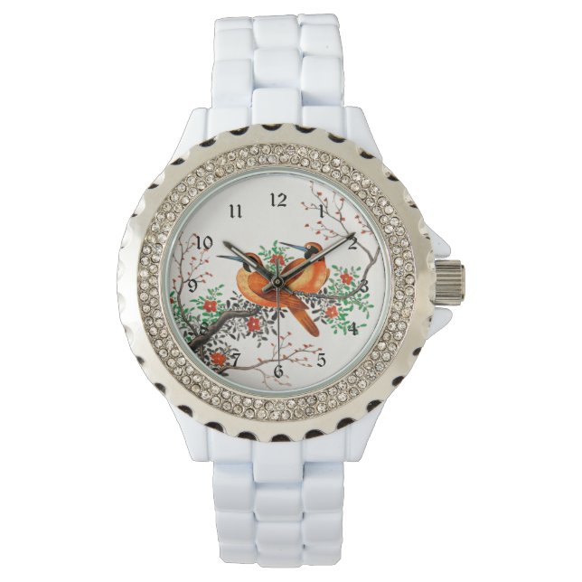 Zwei Vögel auf einem blühenden Zweig Armbanduhr (Vorderseite)