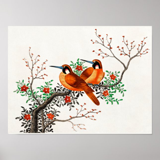 Zwei Vögel auf einem blühenden Zweig Poster (Vorne)