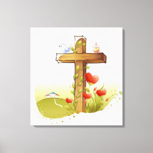 Zwei Vögel, die auf einem Kreuz hocken Leinwanddruck