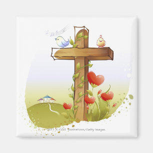 Zwei Vögel, die auf einem Kreuz hocken Magnet