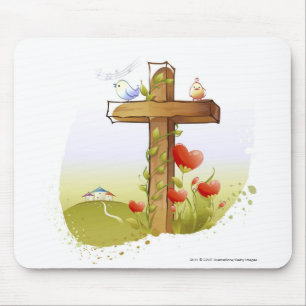 Zwei Vögel, die auf einem Kreuz hocken Mousepad