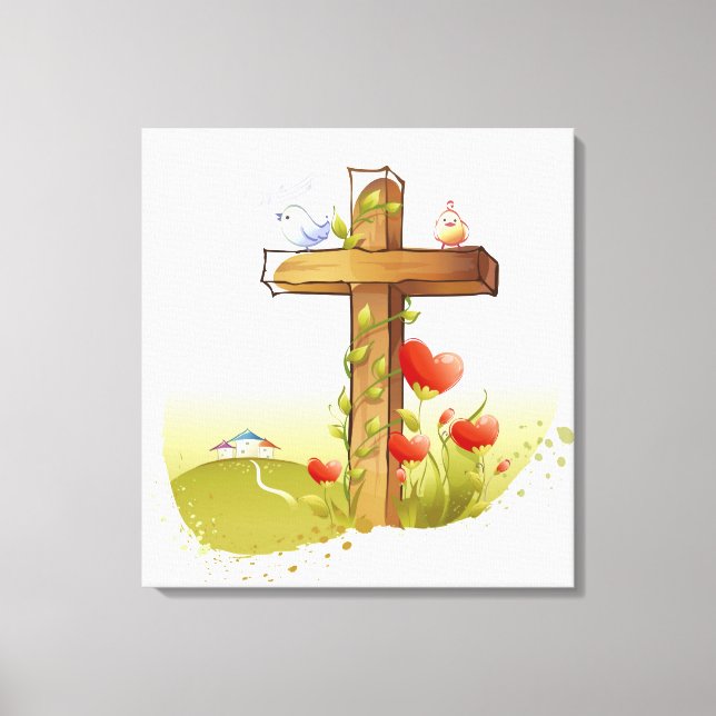 Zwei Vögel, die auf einem Kreuz stehen Leinwanddruck (Vorderseite)