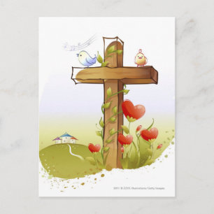 Zwei Vögel, die auf einem Kreuz stehen Postkarte
