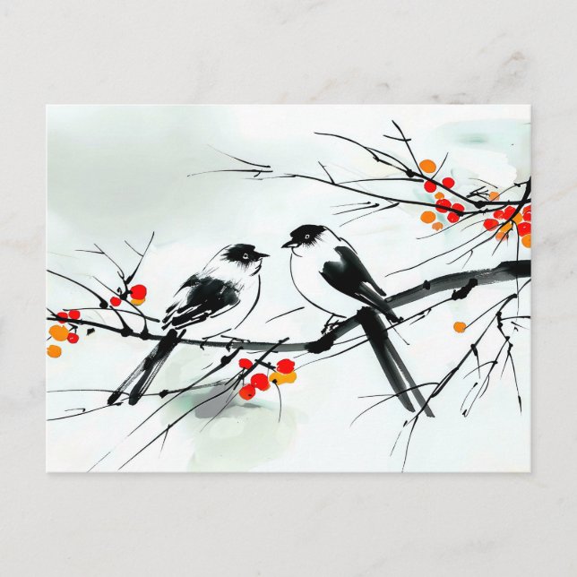 Zwei Vögel, die auf einer Tinte aus der Verzweigun Postkarte (Vorderseite)