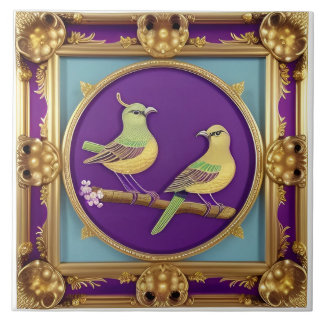 Zwei Vögel in Verziertem Goldrahmen Fliese