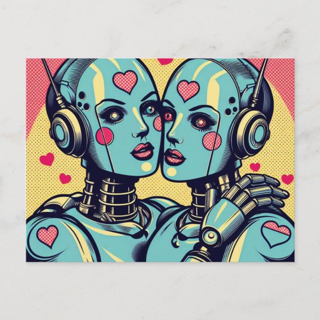 Zwei weibliche Roboter in Liebe Postkarte (Vorderseite)