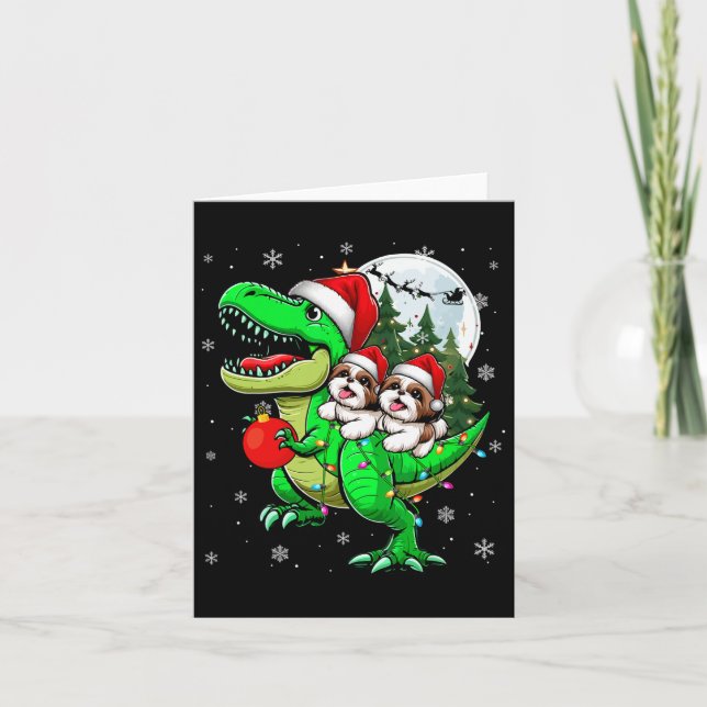 Zwei Weihnachten Shih Tzus Riding T-rex Rentier Lo Karte (Vorderseite)