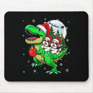 Zwei Weihnachts-Shih-Tzus reiten T-Rex-Rentier Lie Mousepad