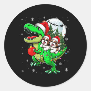 Zwei Weihnachts-Shih-Tzus reiten T-Rex-Rentier Lie Runder Aufkleber