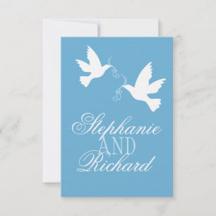 Zwei weiße Liebesvögel Blau formale Hochzeit RSVP Karte