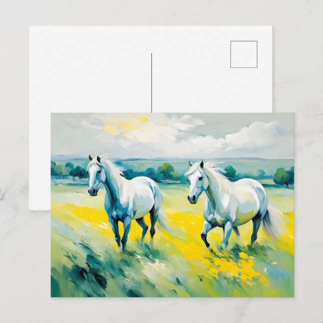 Zwei weiße Pferde, die durch gelbe Blumen laufen Postkarte (Vorne/Hinten)