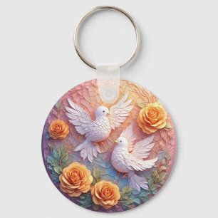 Zwei weiße Tauben inmitten eines Blumenmusters Schlüsselanhänger