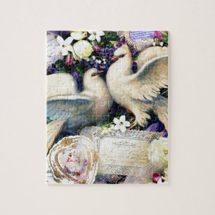 Zwei weiße Tauben Vögel Blumen Vintage Puzzle