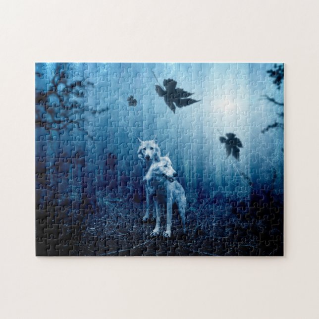 Zwei weiße Wölfe im Wald Puzzle (Horizontal)