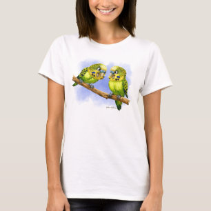 Zwei Wellensittiche auf einer Cartoon-Verzweigung T-Shirt