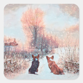 Zwei Welsh Corgis First Snow Quadratischer Aufkleber