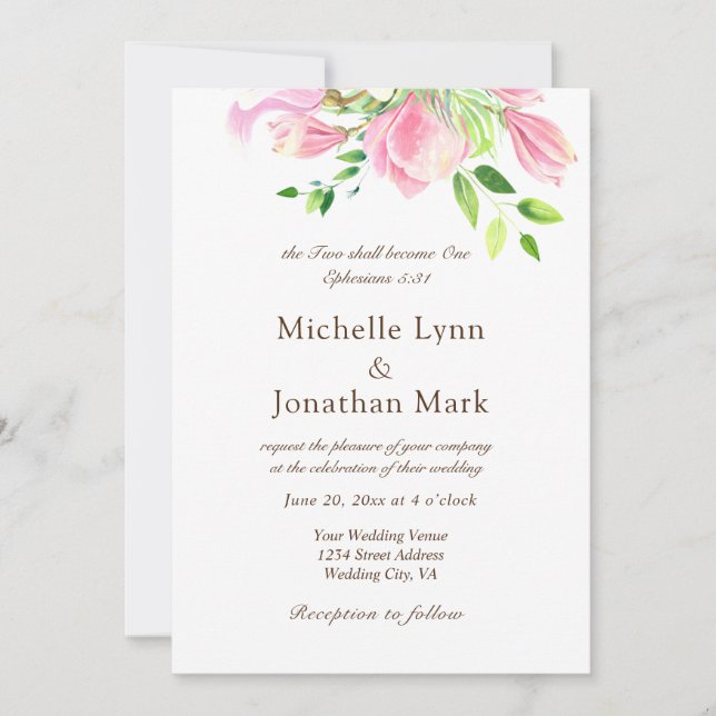 Zwei werden zu einem rosa Magnolia Christlich Einladung (Vorderseite)