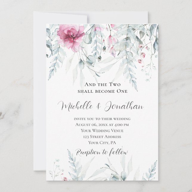 Zwei werden zu einer Christlichen rosa Blumenbibel Einladung (Vorderseite)