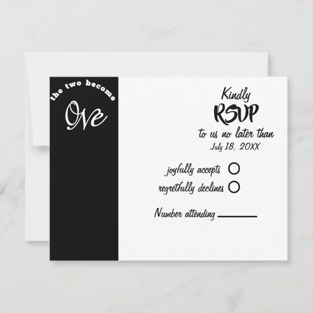 Zwei werden zu einer Schwarz-Weiß-Hochzeit RSVP Karte (Vorderseite)