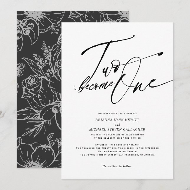 Zwei werden zu One Modern Calligraphy Schwarzweiß  Einladung (Vorne/Hinten)