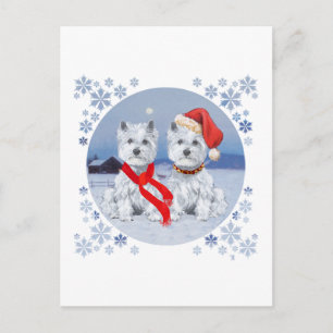 Zwei Westies an einem winterlichen Abend Postkarte