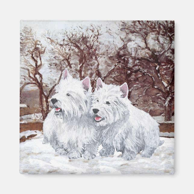 Zwei Westies in Wintertime Magnet (Vorne)
