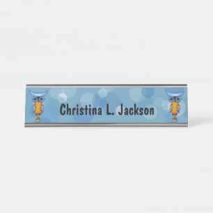 Zwei Whimsical Owls farbige Feathers Blue Circles Schreibtischnamensplakette