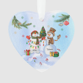 Zwei Whimsical Snowmen an einem schneebedeckten We Ornament