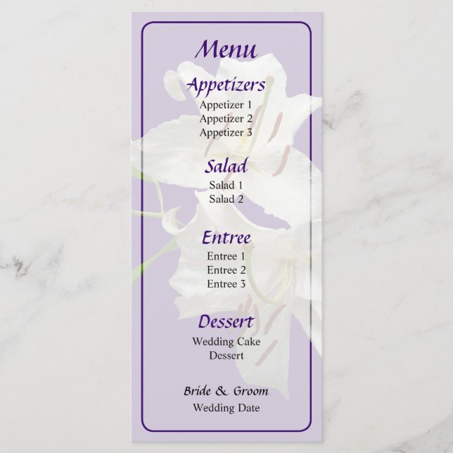 Zwei "White Lilies Wedding Menu" Menükarte (Vorderseite)