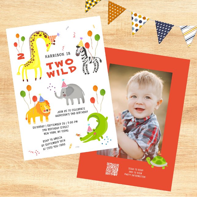 Zwei Wild-2. Geburtstag Safari Tiere Niedliches Fo Einladung (Von Creator hochgeladen)
