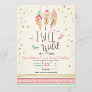 Zwei Wild Birthday Girl Pink Gold 2nd Boho Feather Einladung