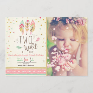 Zwei Wild Birthday Girl Pink Gold 2nd Boho Feather Einladung
