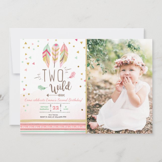 Zwei Wild Birthday Girl Pink Gold 2nd Boho Feather Einladung (Vorderseite)